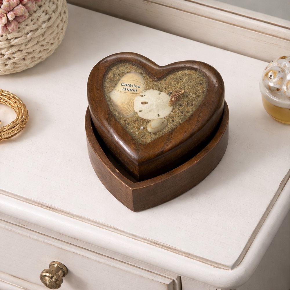 Vintage Catalina Island Heart Wood Jewelry Box Coastal